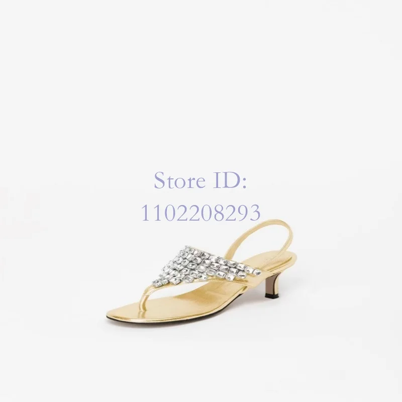 

Crystal Flip-flop Gold Thin Heel Sandals Round Toe PU Back Buckle Strap Stiletto Summer New Arrival Women Fashion Shoes 2024