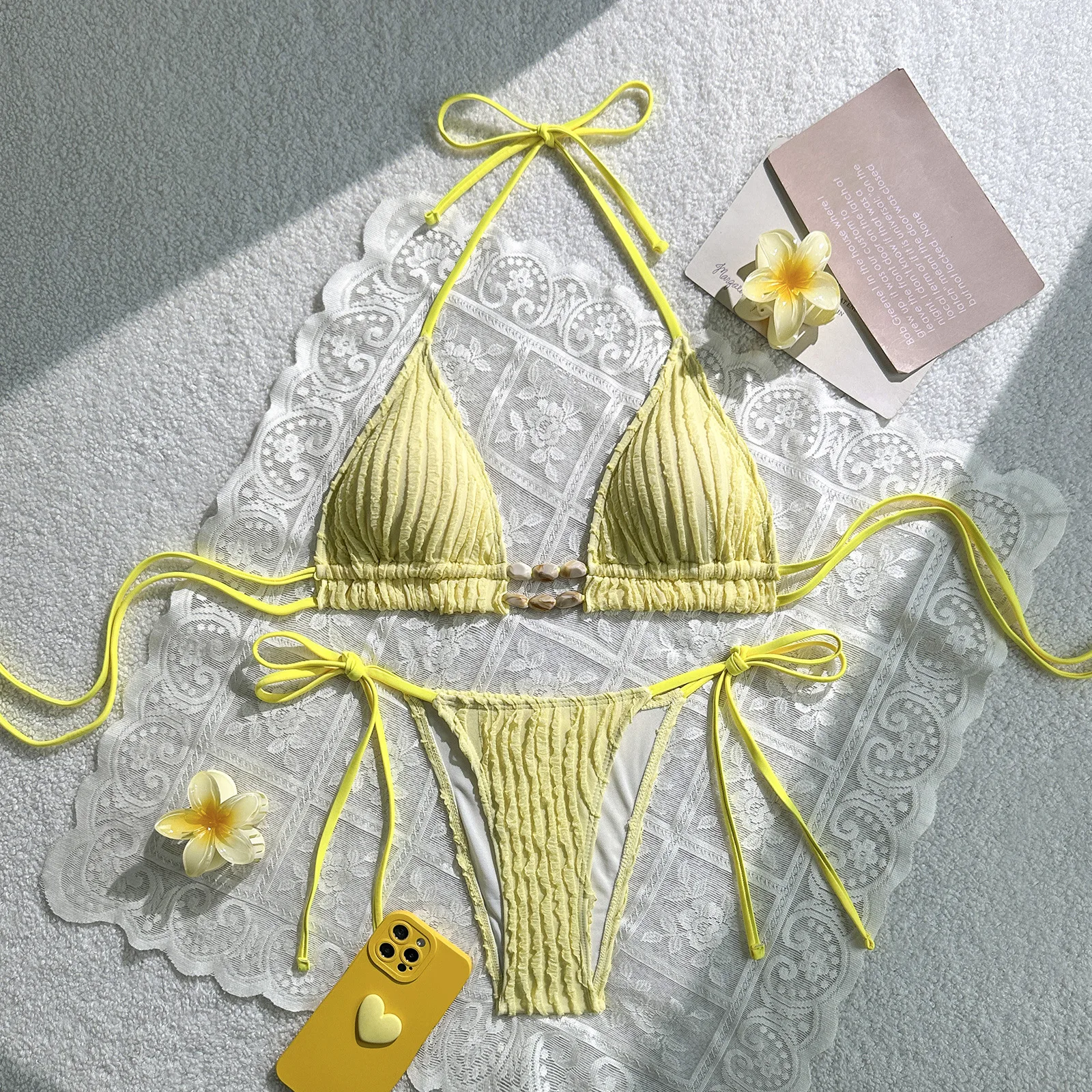 Women Yellow Crinkle Textured Halter Bikini Set Shell Decor Tie Side High Cut Bathing Suit For Brazil Beach Pool Summer Swimwear