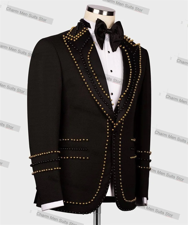 Conjunto de ternos formais feitos sob medida com 2 peças, blazer e calças pretas, jaqueta de ouro, calças de luxo, noivo, casaco smoking de casamento