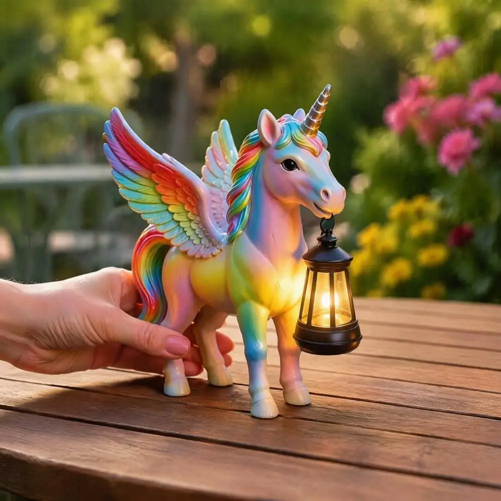 Outdoor Decorative Lights Solar Garden Light with Resin Rainbow Flying Horse Lantern Outdoor Decor Auto On/off Fairy for Garden