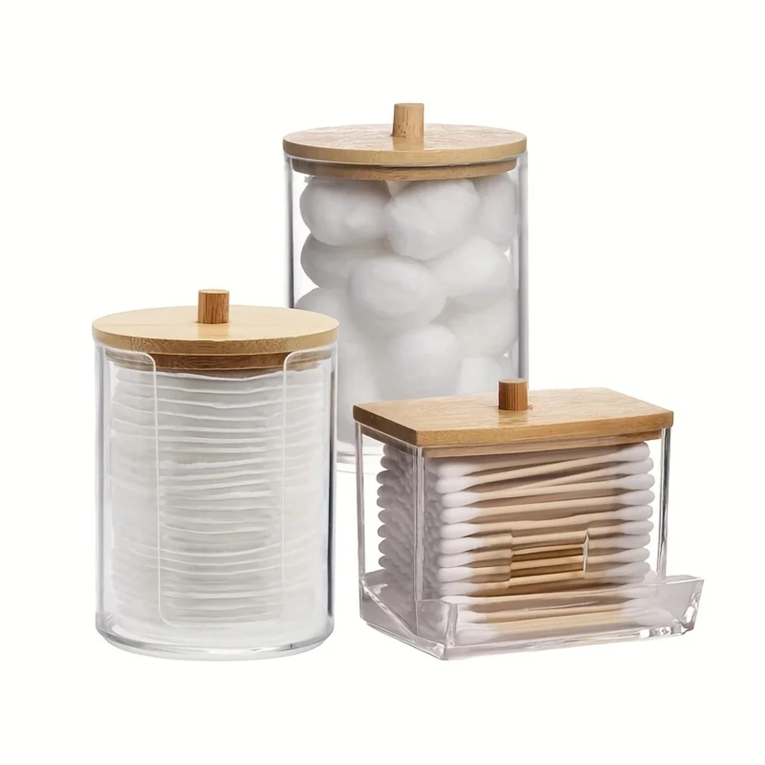 Elegant Set of 3 Bathroom Accessories with Clear Plastic Lids: Stylish Qtips Holder, Swabs Dispenser, and Container Jar for Orga