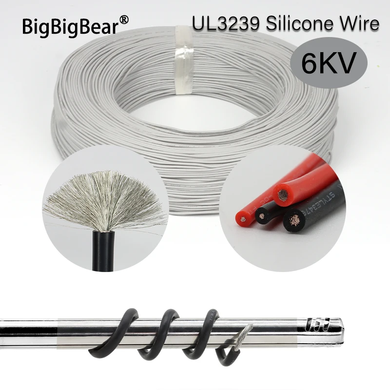 1/5/10M 6KV UL3239 Silicone Wire 22/20/18/16/14AWG Insulated High Temperature High Voltage Soft Tinned Copper Cable