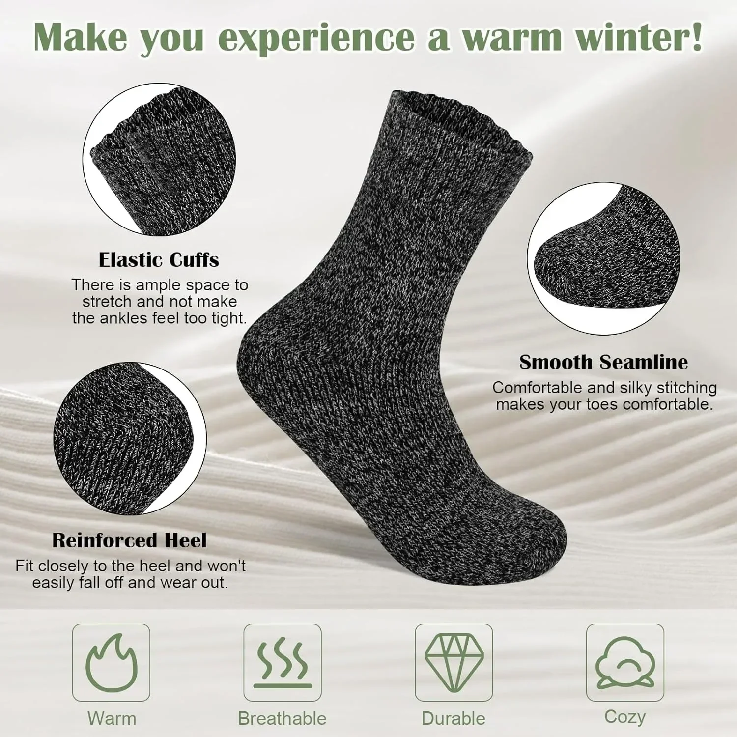 TRALOW 5足組 メンズ 冬用暖かい靴下 厚手ミッドカーフソックス 防寒スノーブーツ 伸縮性あり 無地 ランニングや日常着に