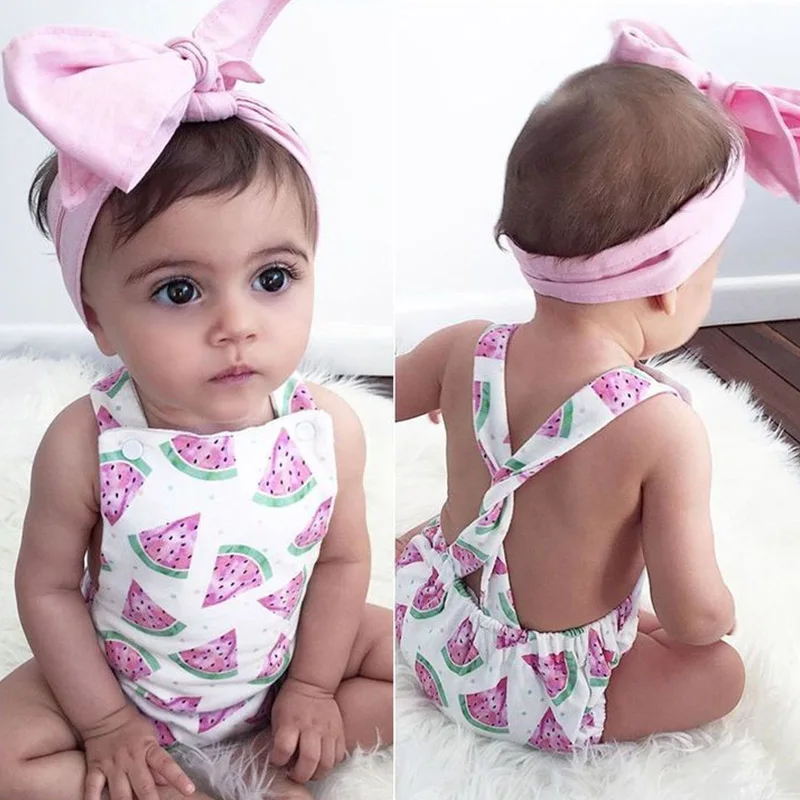 Baby Mädchen Rosa Wassermelonen-Print Strampler Säugling Rüschen-Body mit Stirnband Neugeborenen Rotes Wassermelonen-Karnevalskostüm – Detail 10