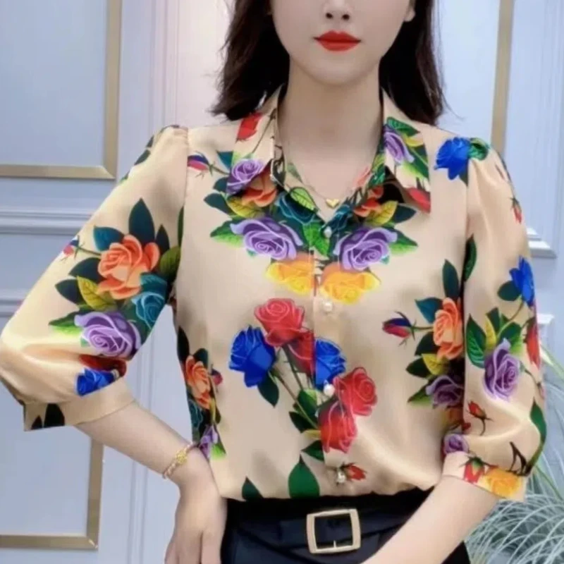 

Korean Fashion Summer New Women's POLO Collar Printing Single Breasted Simplicity Office Lady Loose Three Quarter Shirts Tops