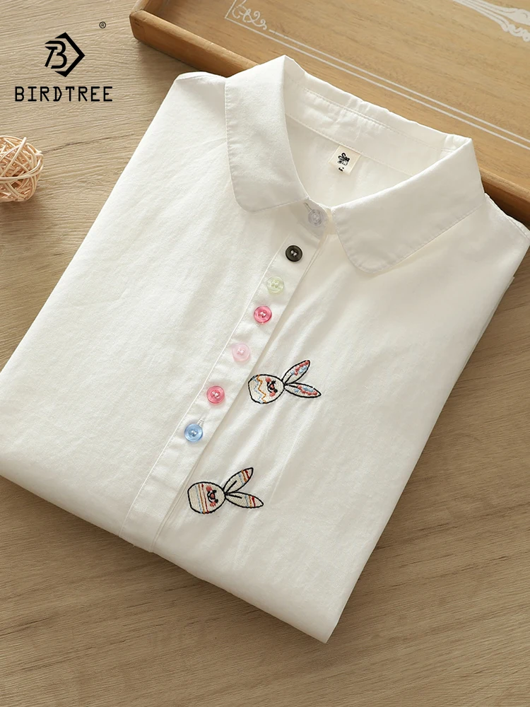 

New 2025 Autumn Cotton Long Sleeve Shirt, Women Turn-down Collar Cute Embroidery, Girl Colorful Buttons Loose Blouse T58280CC