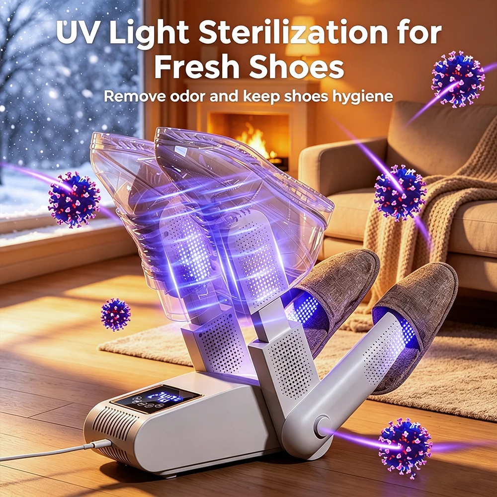 Dual-V Schuhtrockner, tragbarer elektrischer Schuh- und Stiefeltrockner mit UV-Licht, klappbar, 8-stufiger Timer, Smart-Display für Handschuhe, Hüte, Socken, Skischuhe – Detail 2