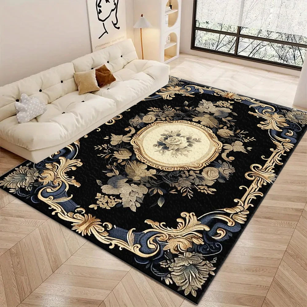 Luxury Black Gold Floral Area Rug European Vintage Baroque Style Floor Carpet for Living Room Bedroom Home Decor