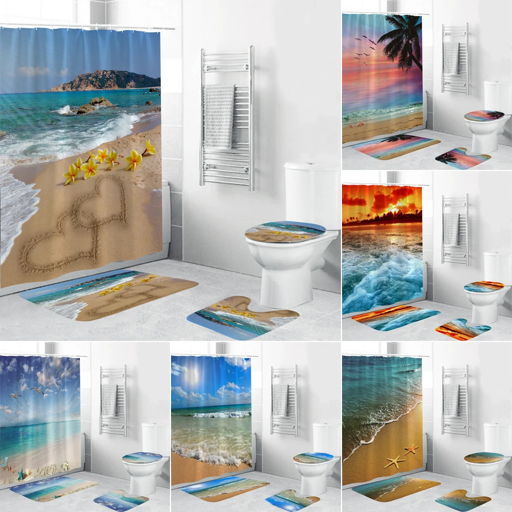 Sunny Coastal Beach Printed Fabric Shower Curtain Set Bathroom Curtain Set Anti-skid Rugs Toilet Lid Cover Bath Mat Bathtub Set