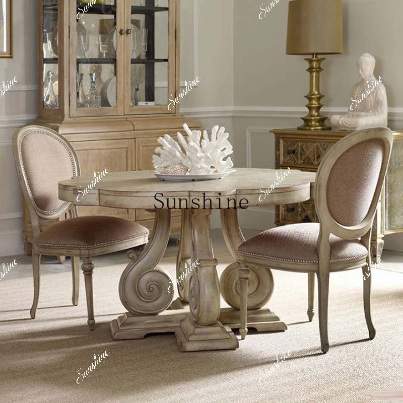 Neoclassical solid wood carving flower dining table French style old round dining table  FT