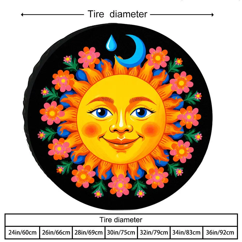 Black Background Tire Cover With A Cute Sun Pattern, Made Of Polyester Fiber, Featuring Cartoon Sunflowers, Moons, And Raindrops