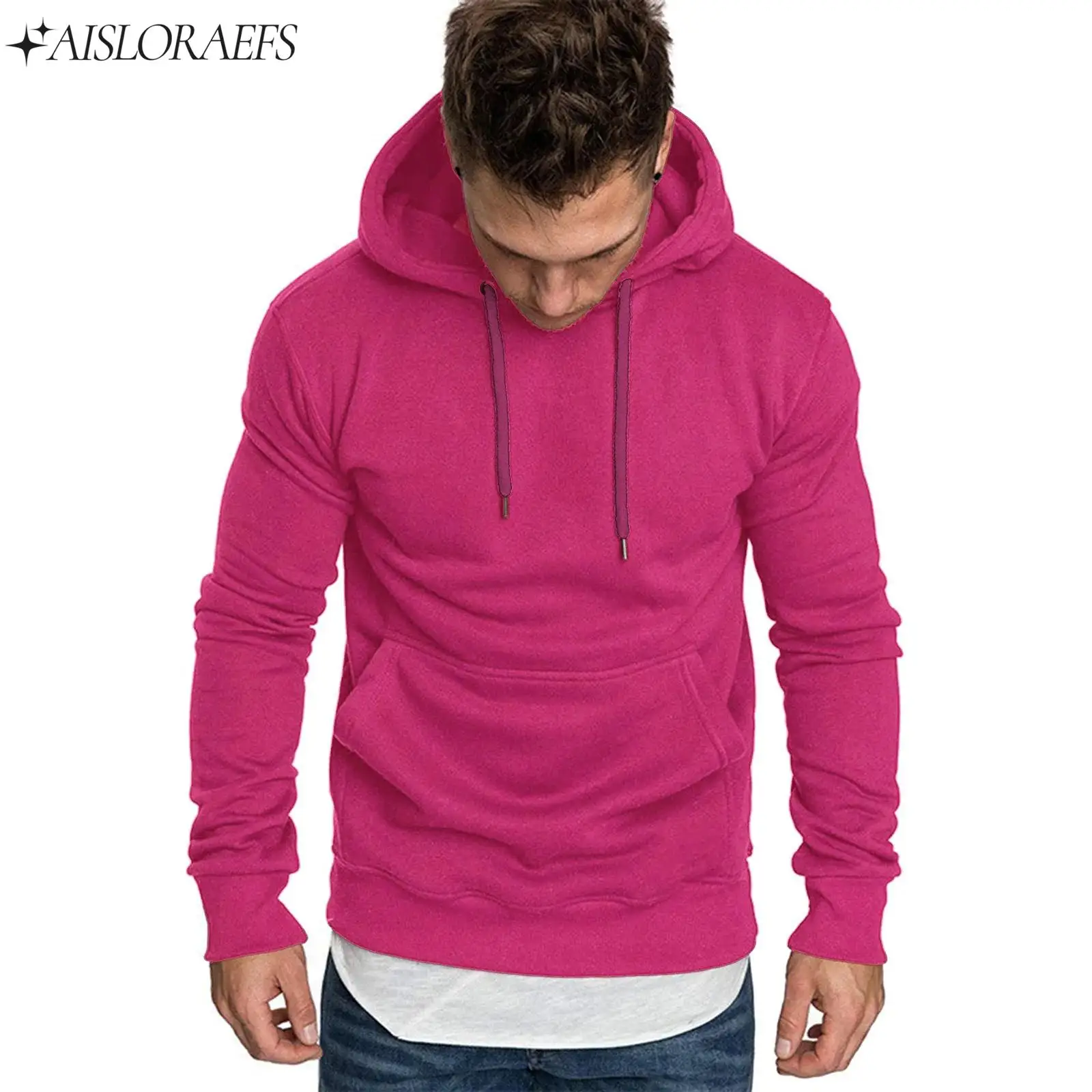 Adult Mens Hoodies Sweatshirts Casual Solid Color Long Sleeve Pullover Tops Hoodie with Pocket Drawstring Hooded Outerwear