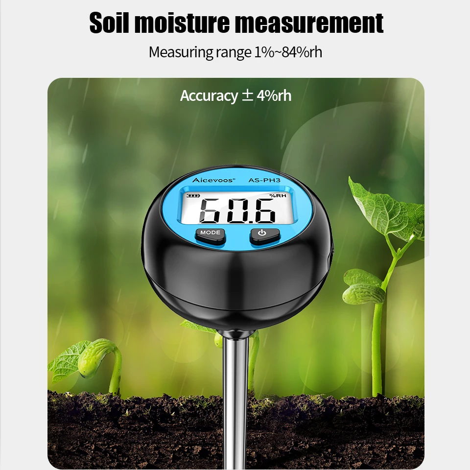 Aicevoos-medidor de Ph del suelo Digital 3 en 1, Monitor de temperatura y humedad, probador de acidez de Ph, jardinería, agricultura