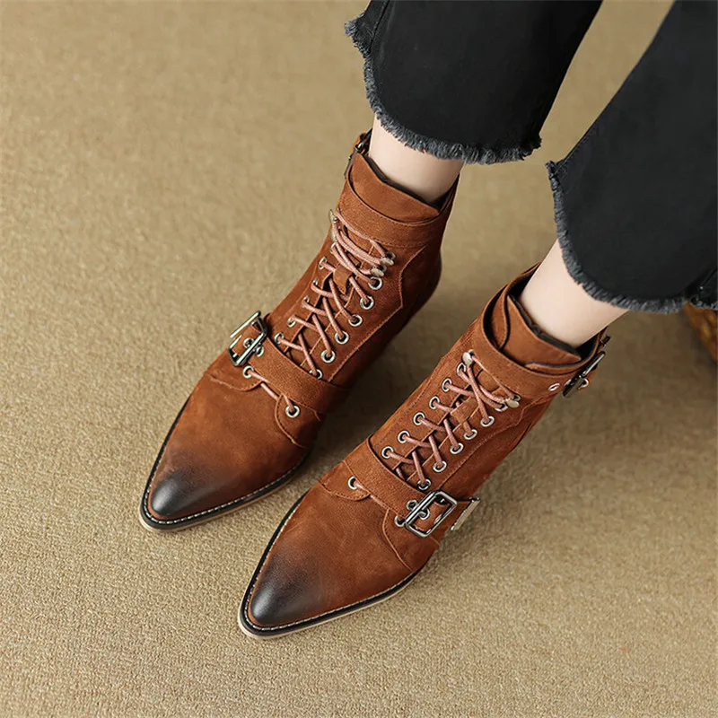 New Autumn/winter Genuine Leather Women Boot Pointed Toe Shoes Fashion Belt Buckle Short Boots for Women Handmade Large Size