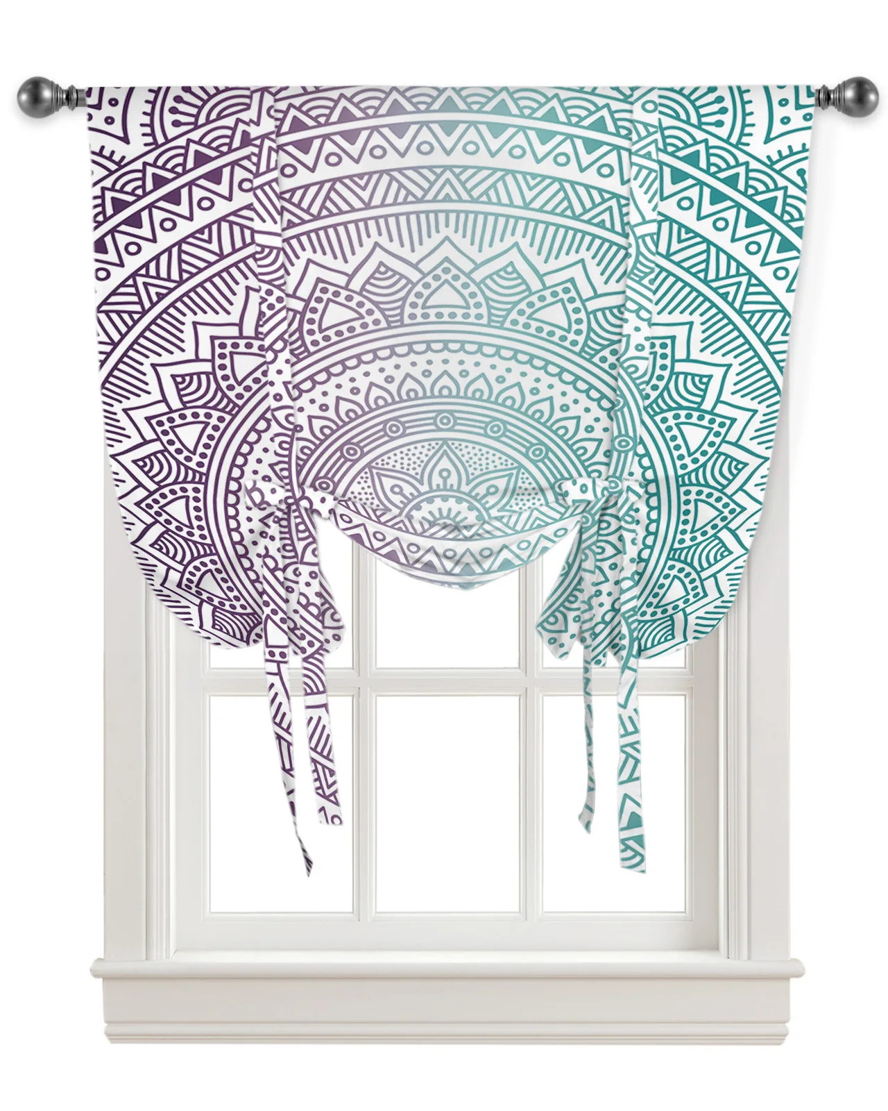 Curto Janela Cortina com Mandala e Gradiente Geométrica, Pequenas Roman Tie Up Cortinas para Cozinha, Modern Home Decor, roxo e turquesa