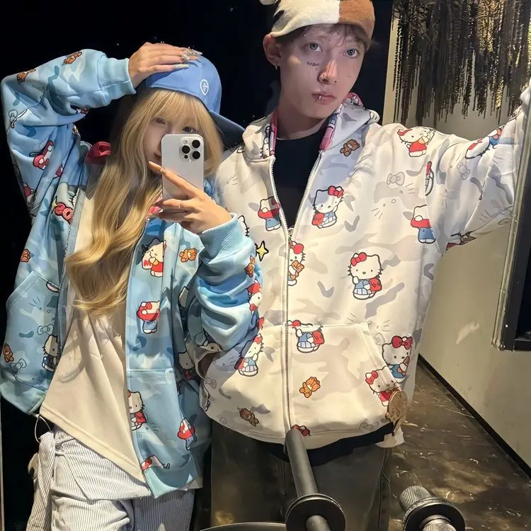 

Cartoon Sanrio Hello Kitty Zipper Hooded Hoodie Spring Kawaii Anime Couple Cardigan Camouflage Jacket Loose Sweatshirt Clothes