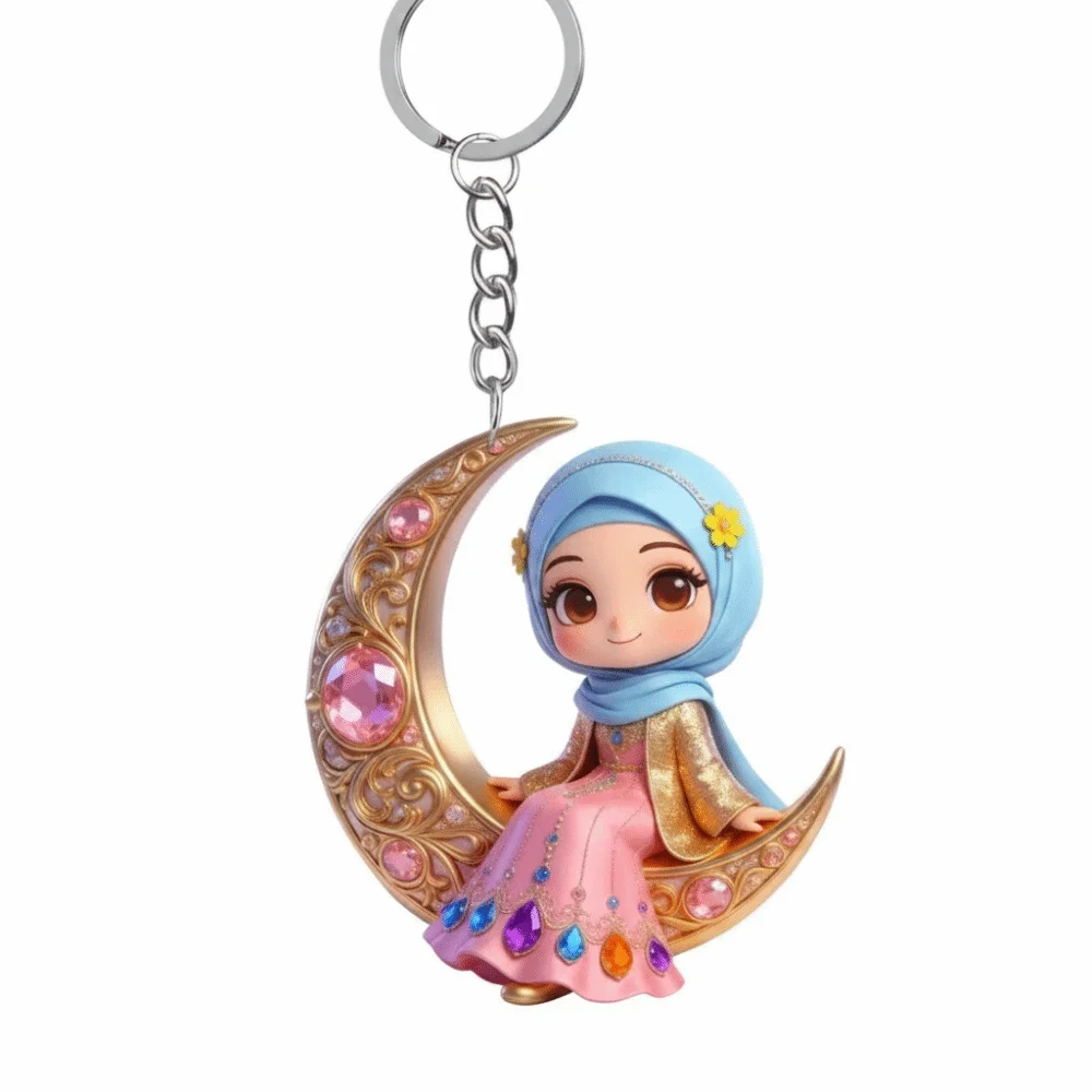 2D Flat Crescent Moon Acrylic Keychain Trendy Beautiful Girls Figure Cartoon Figure Keychain Hijab Design Lightweight
