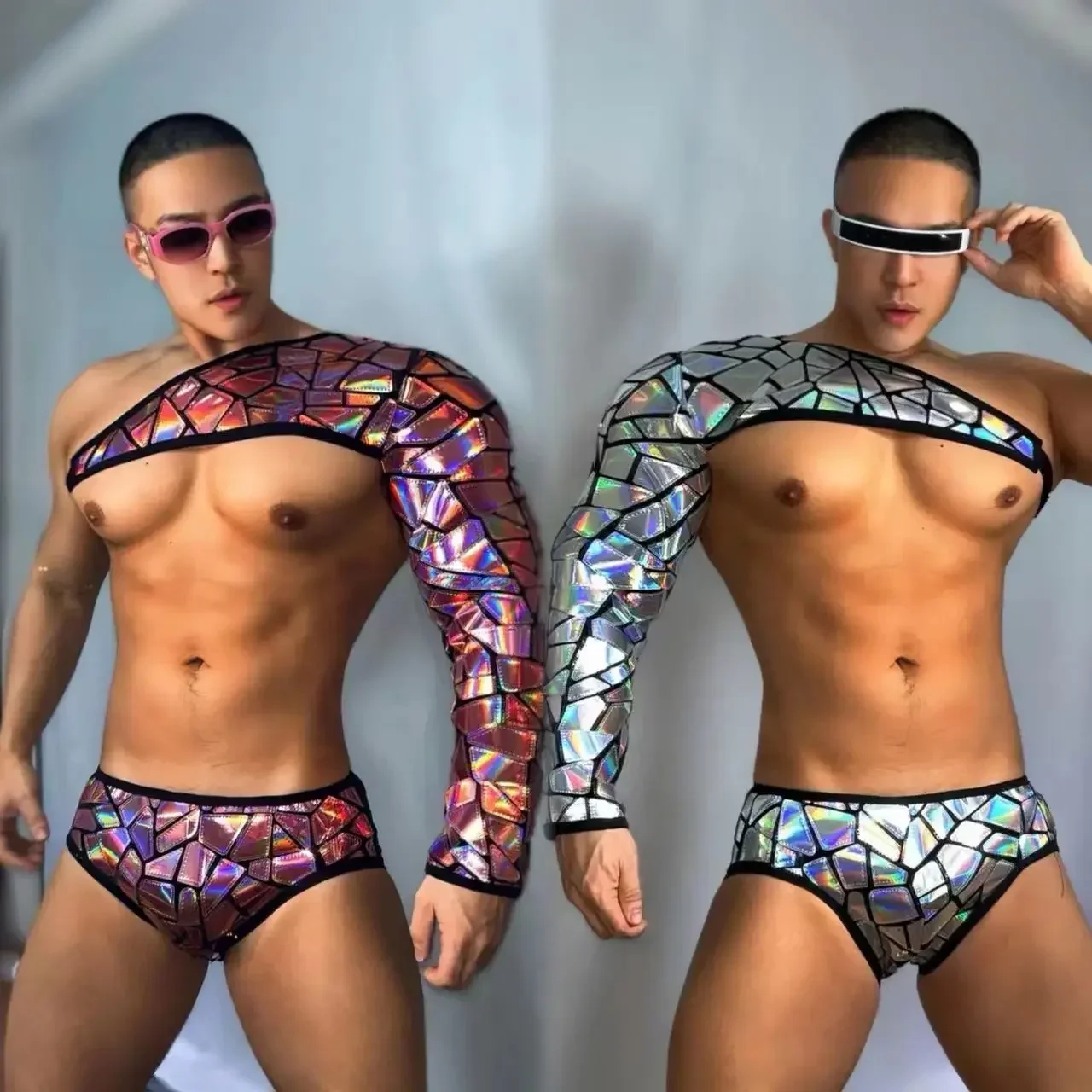 

Laser Shoulder Sleeve Shorts Festival Outfit Bar Nightclub Party Rave Performance Clothes Men Women Dance Group Show Stage Wear