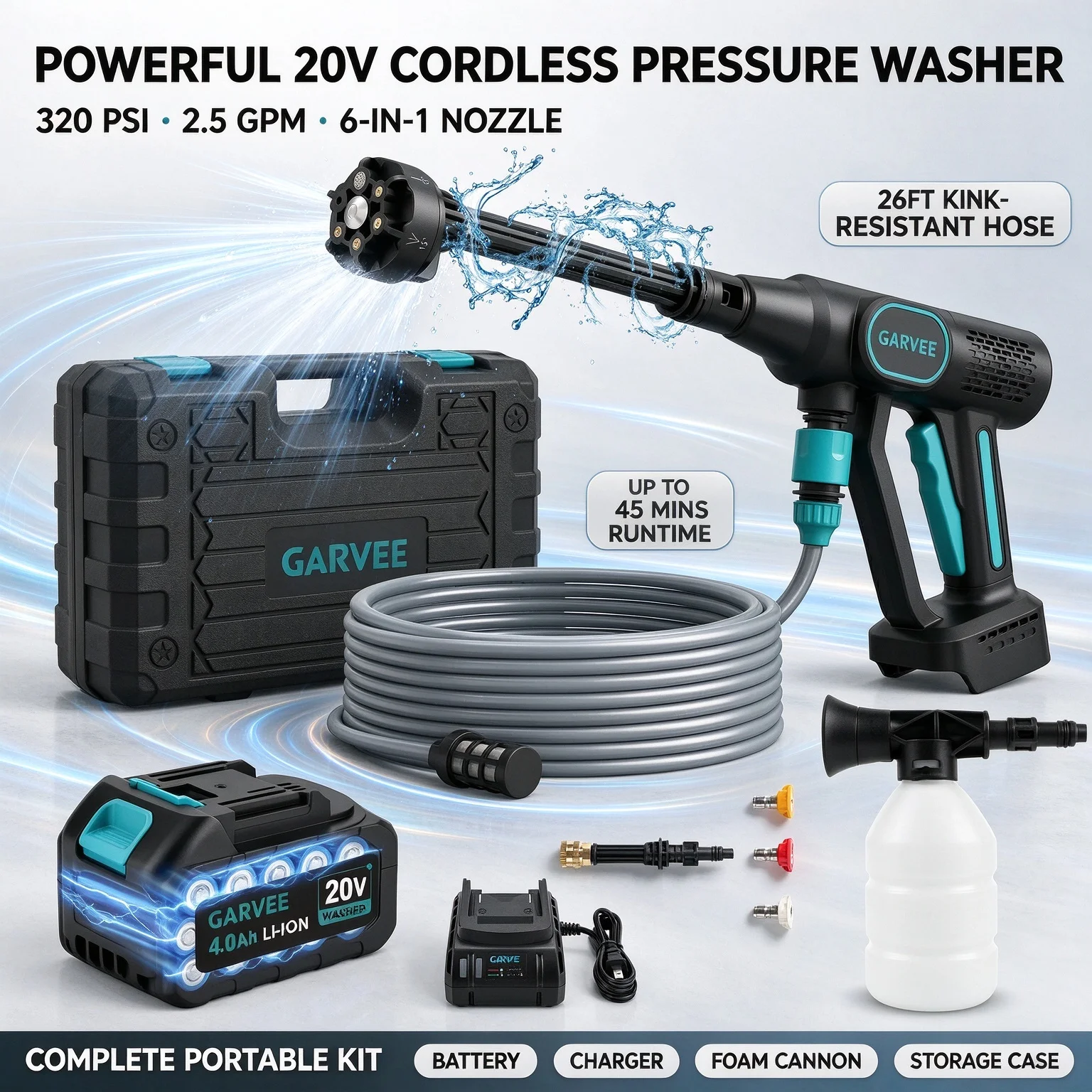 Wireless Pressure Washer 20V, 320PSI Brushless Motor, 6-in-1 Adjustable Nozzle, Foam Cannon, 26ft High-Elastic Hose, 4.0Ah Battery, Portable Power Washer for Car, Home, Garden, Patio Cleaning