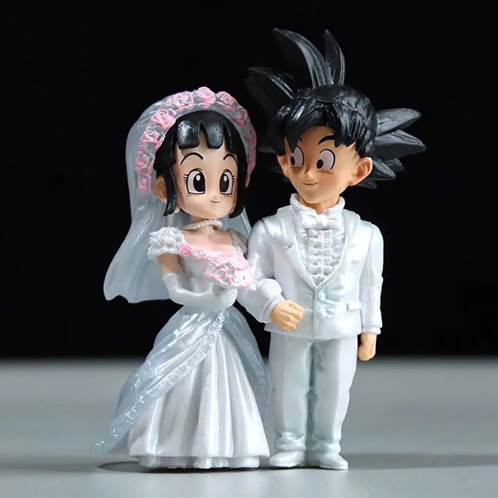 Dragon Ball Anime Figure, Son Goku Figuras, Casamento Goku Chichi, Estatueta de casamento, Q Version, PVC Modelo Boneca Brinquedos, 9cm