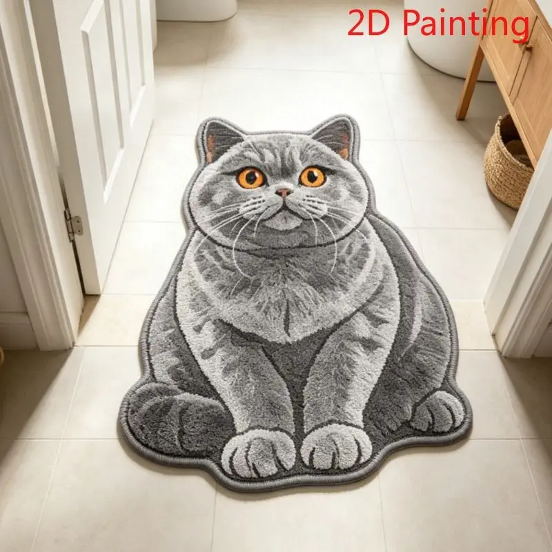 Tapis en forme de chat britannique gris VIKAMA 2D, doux, absorbant, antidérapant, pour salle de bain, entrée, chambre à coucher, décoration