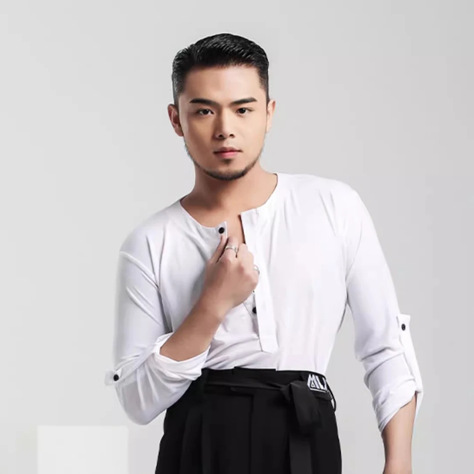 Manches bouton conception hauts mâle danse latine tissu pour hommes danse de salon Samba Rumba scène Performance Dancewear NY63 7130