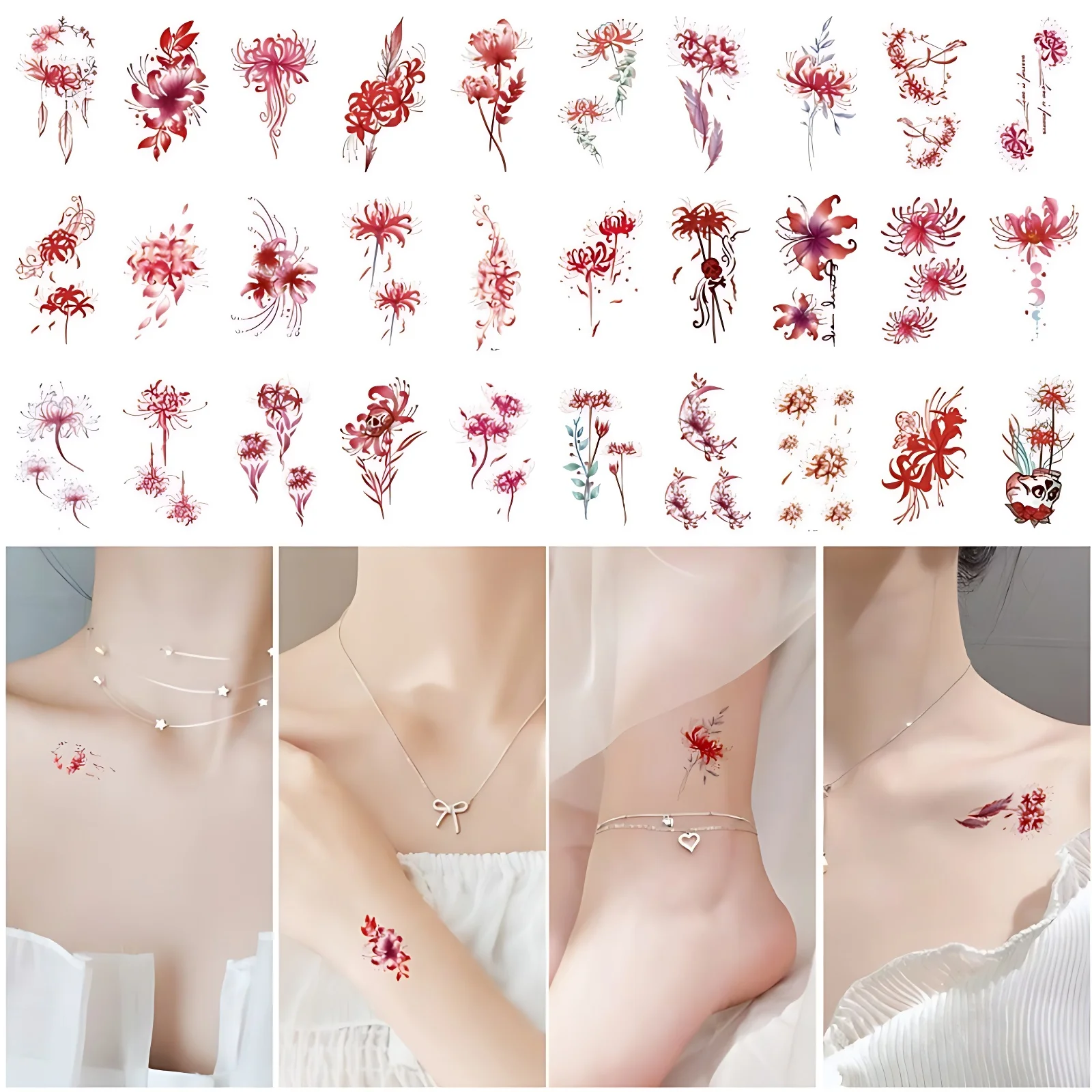 30pcs/set Fake Temporary Tattoos Cottage Core for Women Girls Floral Garland Lily Red Flower Tattoos Sticker Hand Chest Neck