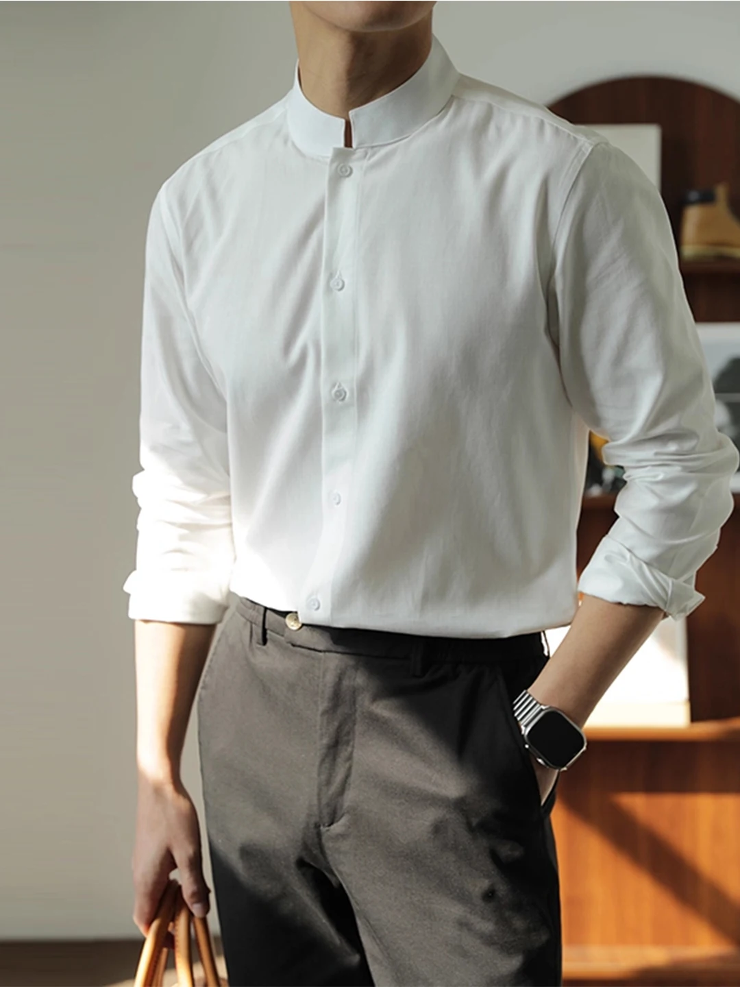 

Мужская новая рубашка Zhongan на весну-осень, с воротником-стойкой, длинным рукавом, деловая повседневная, модная, приталенная, белая, в китайском стиле