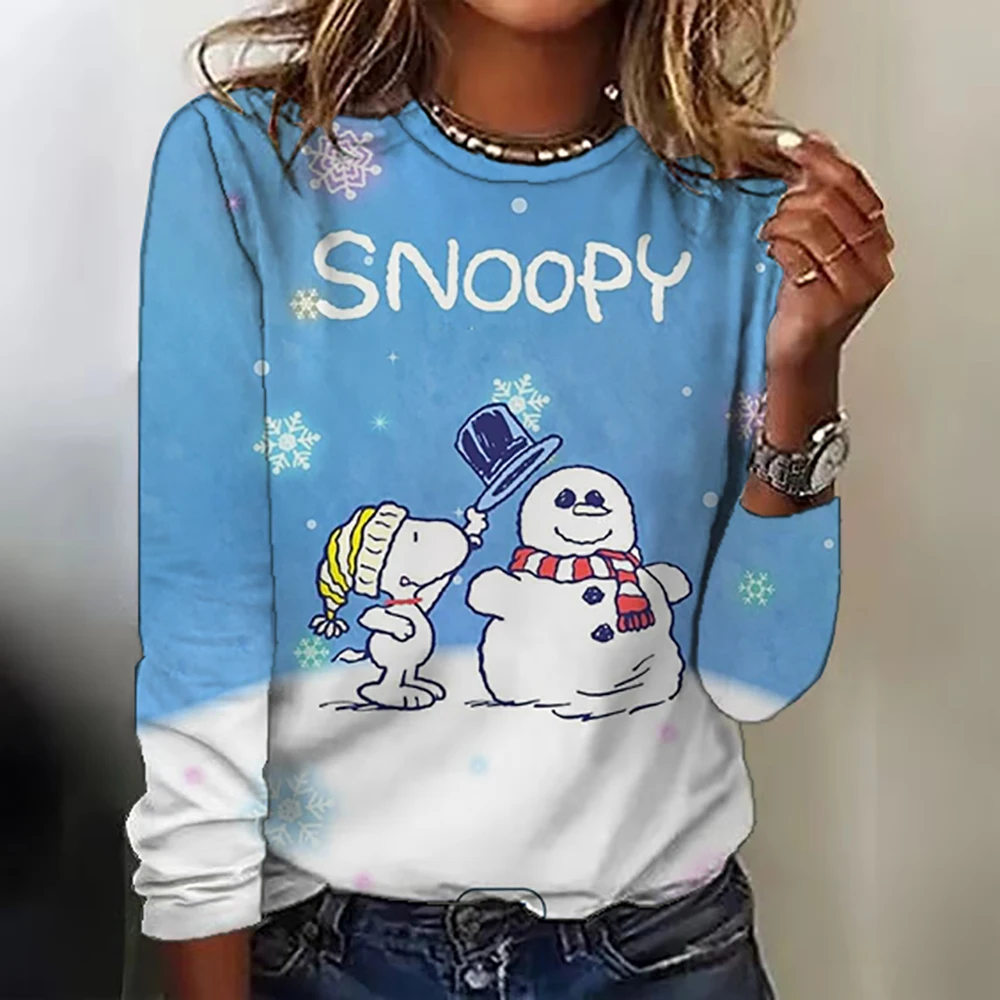 Women\'s Snoopy print long-sleeved tops round neck casual tops 3d printed Cartoon fashion stickers printed women\'s long-sleeved T