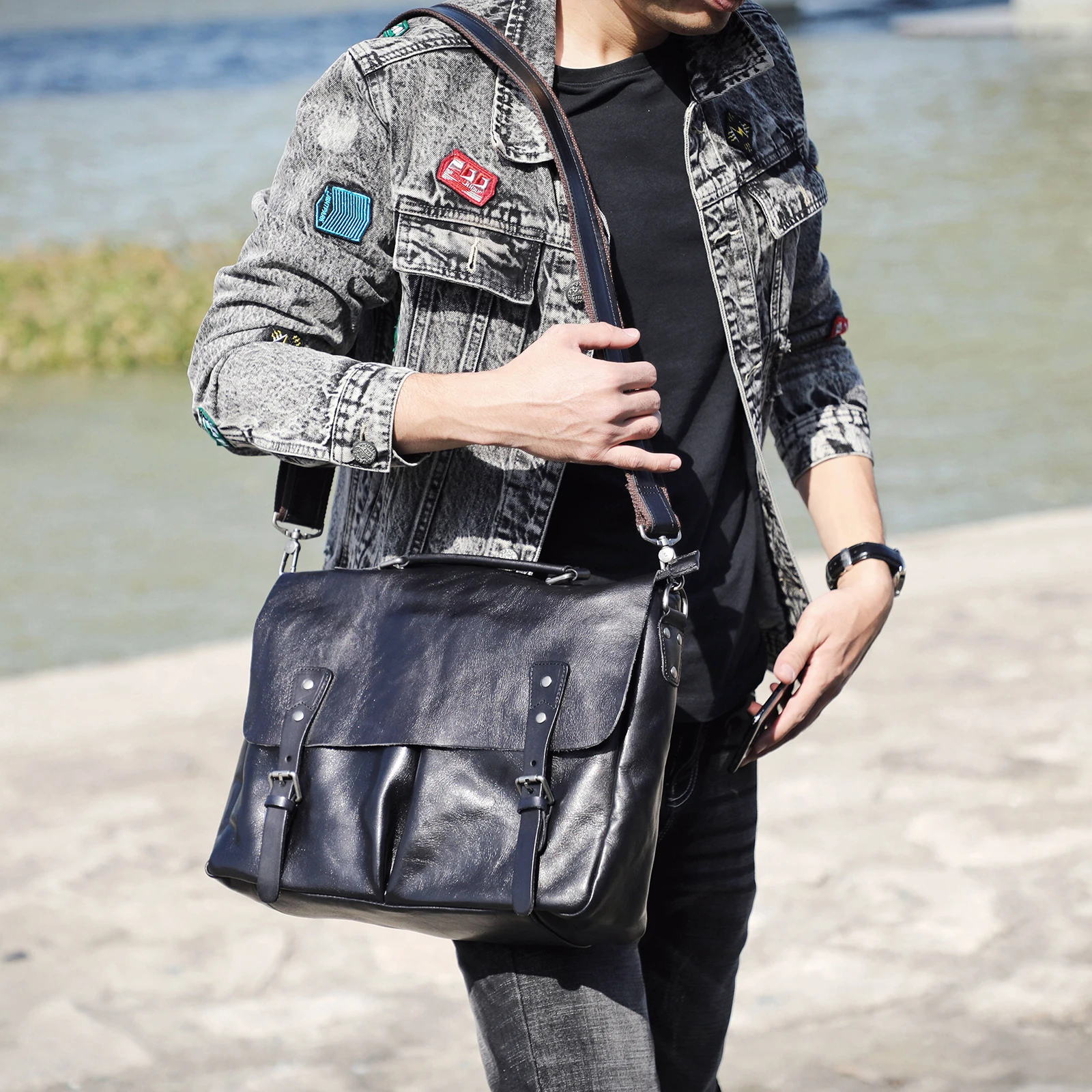 Echtleder Herren-Aktentasche 15 Zoll Laptop-Tasche Einfache Rindsleder-Umhängetasche Pflanzlich gegerbtes Leder Modischer Casual-Stil – Detail 4