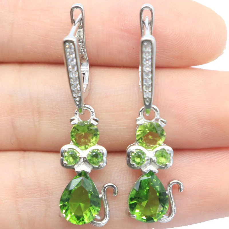 

6.4g 925 Solid Sterling Silver Earrings Customized Cat Shape Blood Ruby Green Peridot Tanzanite Pink Kunzite CZ Women Wedding