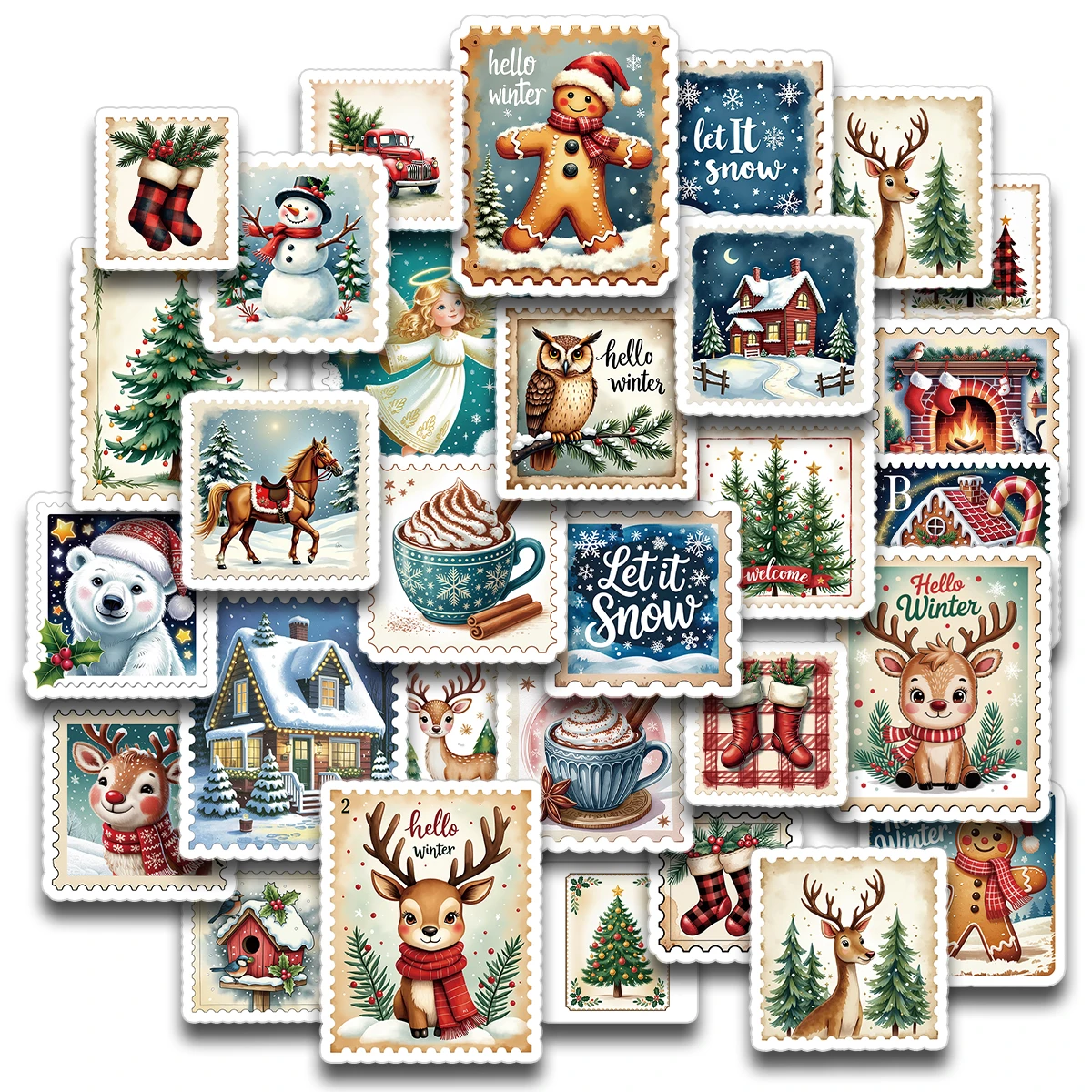 30 Stück/2 Blatt süße Weihnachtsaufkleber – gemütliche Winterszenen-Designs, Etiketten zum Verpacken von Geschenken, Sammelalbum, Heimparty-DIY-Basteldekoration