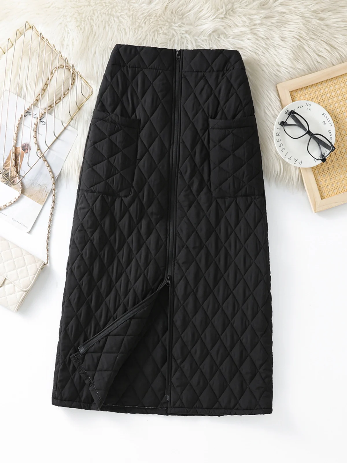 

Women's Thiened down Cotton f Skirt High Waist A-Line Midi Skirt Windproof Zipper One-Piece Warm Straight Tube Skirt