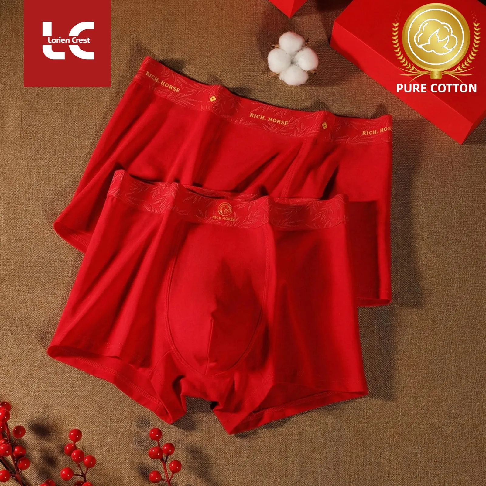 

3pcs【LORIEN CREST】2026 Year of the Horse Red Men's New Year Lucky Underwear Pure Cotton Breathable Comfortable Boxer Trunks