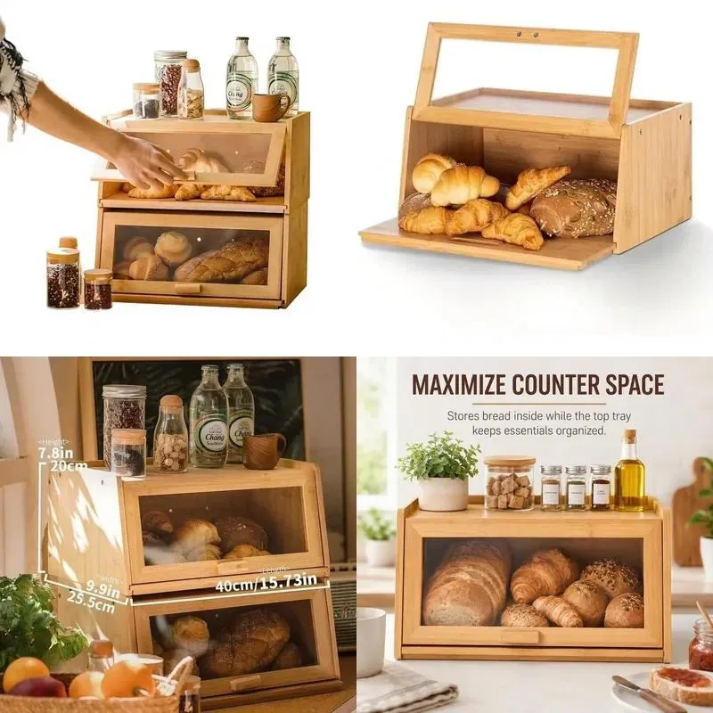 for Bamboo Rectangle Bread Box Pull-out Tray 15.3L Large Capacity Bread Storage Box for Kitchen Countertops, Farmhouse Style