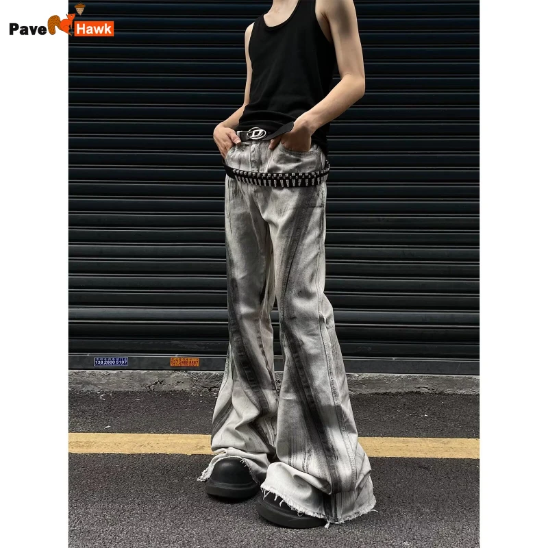 

Hip Hop Mens Jeans Heavy Weight American High Street Tie Dye Mopping Cowboy Trousers Trendy Design Color Blocking Bell-bottoms