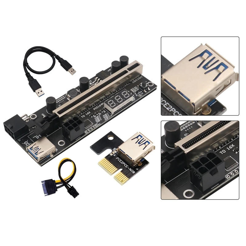 Top-PCIE Riser 1X To 16X Graphic Extension With Temperature Sensor For Bitcoin GPU Mining Powered Riser Adapter Card