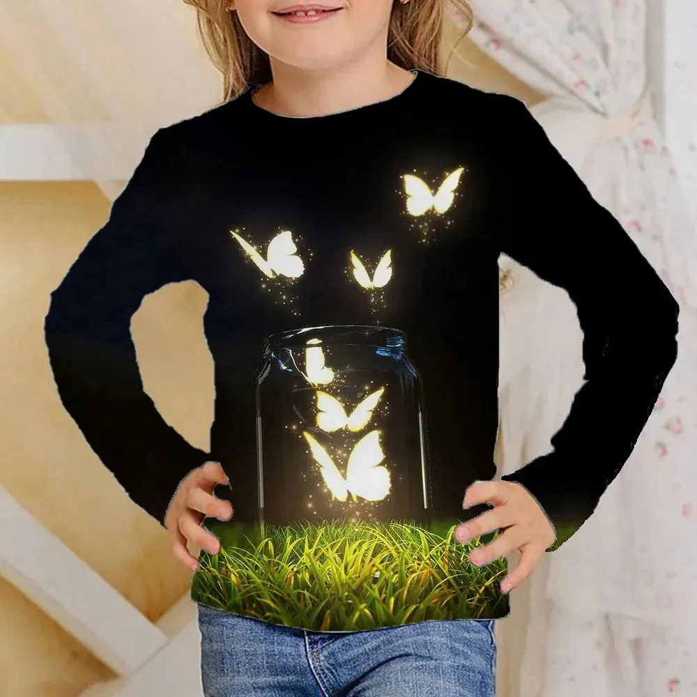 

Girls' Autumn Clothes Long Sleeve Butterfly Children's Clothing 2023 from 8 to 12 Years Teenagers Casual T-Shirt Kids Tee Shirts