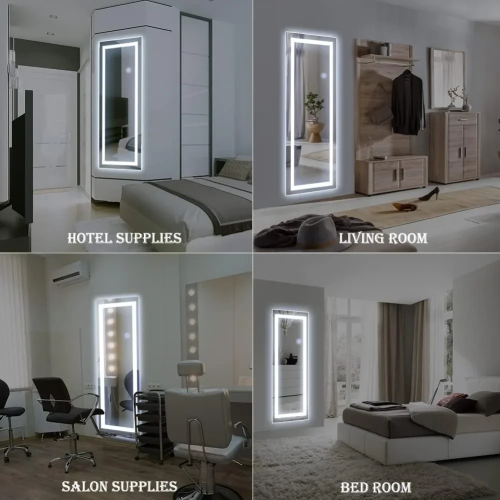 Wall Mounted LED Lighted Vanity Full Length Mirror, 3 Colors Dimmable Light, Bedroom and Bathroom Hanging Rectangle