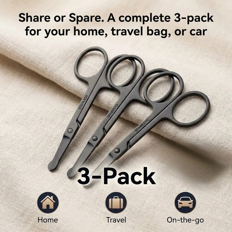 3Pcs Round Tip Nose Scissors, Stainless Blunt Shears, Portable Grooming Shears for Nose Hair Eyebrow Beard, Unisex Care Tool