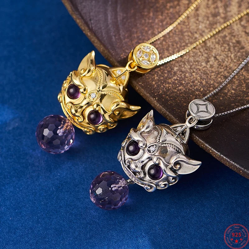 

Подвески из стерлингового серебра 925 пробы для женщин и мужчин, позолоченные Pixiu, амулет богатства в китайском стиле, инкрустированный аметистом, очаровательные ювелирные изделия, оптовая продажа