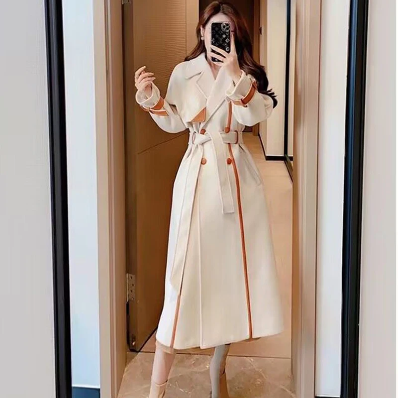 

2024 New Autumn Winter Woolen Windbreaker Women's Outwear Korean Medium Long Slim Stitching Woolan Jacket Female Overcoat