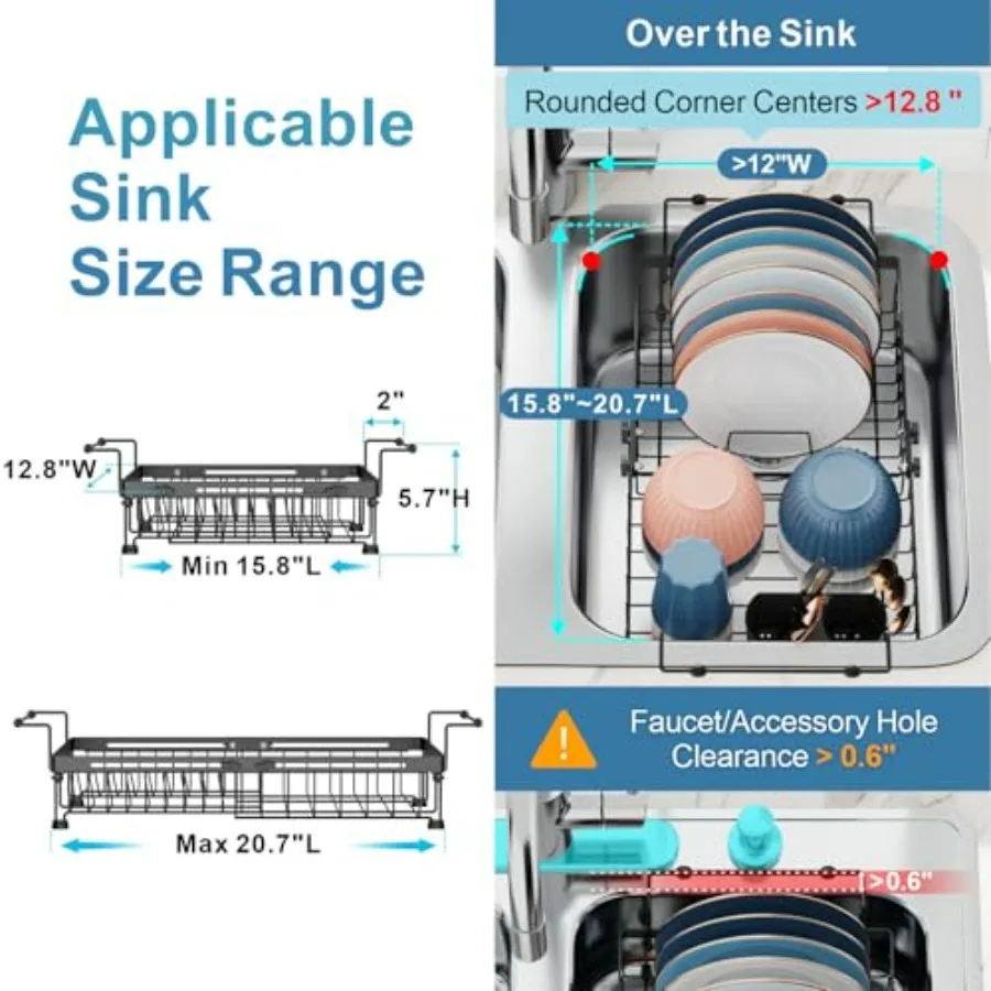 رف تجفيف الأطباق في الحوض بسعة قابلة للتوسيع لطاولة المطبخ قابلة للتعديل فوق تجفيف الأطباق مع حصيرة غير قابلة للانزلاق 15.820