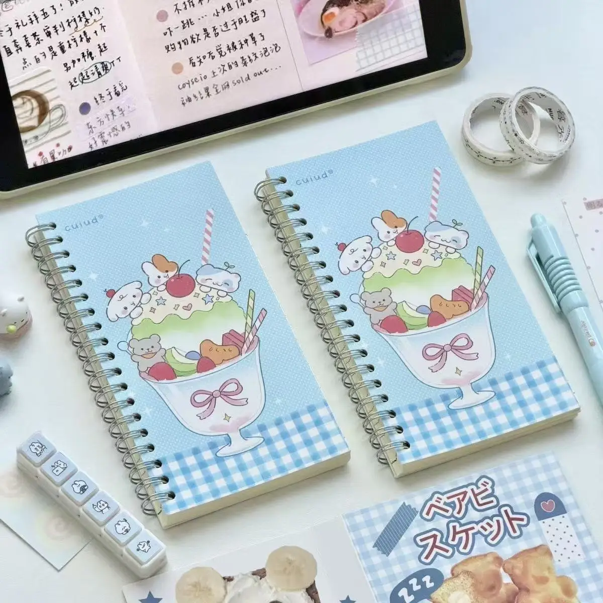 Korean Ins-style Blue Grid Ice Cream Small Animal Coil Notebook Cute Girly Heart Planner Student Diary Notebook Cartoon Ins Gift