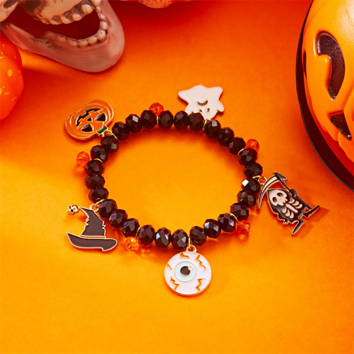 Halloween Armbänder Kürbis Spinne Fledermaus Schloss Geist Schädel Bösen blick Schwarz Kristall Perlen Armreif Für Frauen Männer Schmuck Party Geschenk