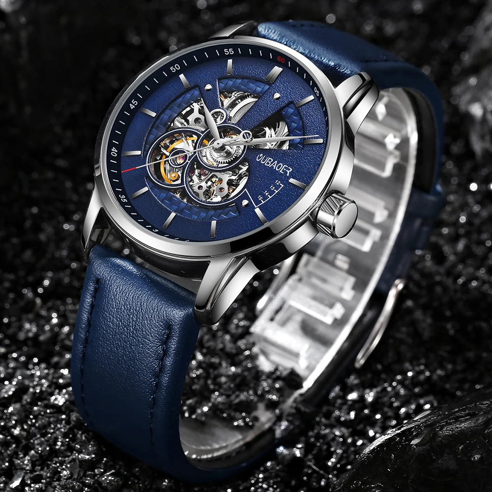 OUBAOER New Mens Watches Mechanical Automatic Top Brand Luxury Tourbillon Self Winding Blue Leather Sport skeleton Wristwatches