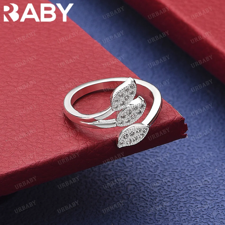 

URBABY 925 Sterling Silver Zircon Leaf Open Ring For Women Fashion Jewelry Vintage Grace Charm Noble Party Birthday Gifts