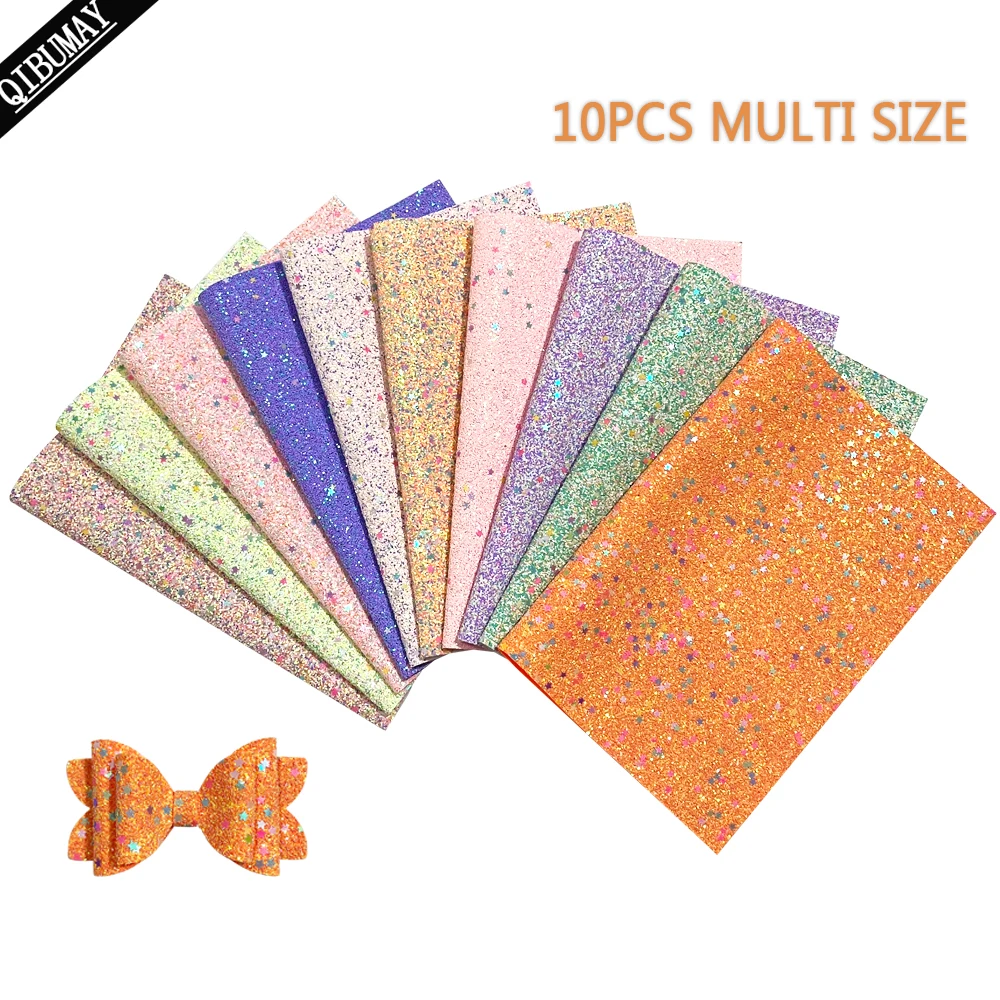 QIBU-Multi Size Chunky Glitter Fabric Sheets, Synthetic Leather for Earrings, Bags Decoration, DIY Hairbow, Wholesale, 10Pcs