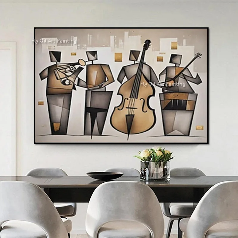 Special Design Beige Brown People Playing Violin Canvas Thick Oil Painting Handpainted New Music Band Abstract Wall Art Item For
