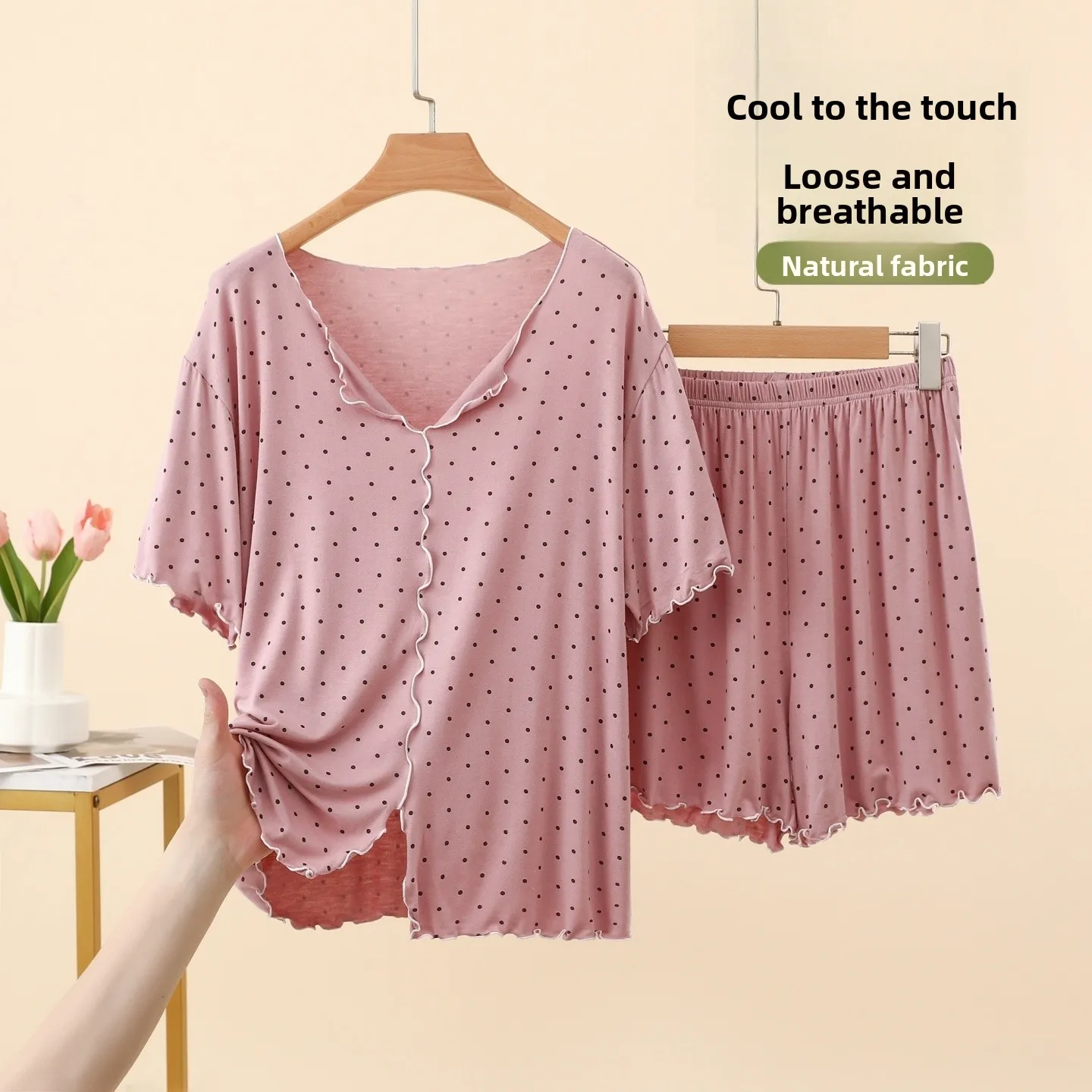 

Summer Lightweight Modal Polka Dot Short Sleeve Shorts Set Women's Home Clothes Sleepwear Two-Piece Set V-Neck Pullover